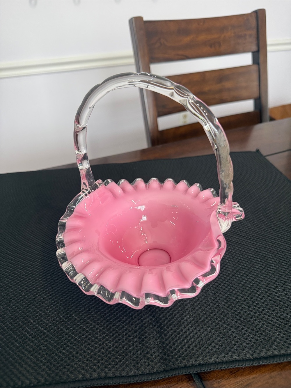 Pink Ruffled Glass Basket with Clear Handle